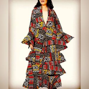 Ruffled Tiered Kafta Long Dress in African Print with Bell Sleeves
